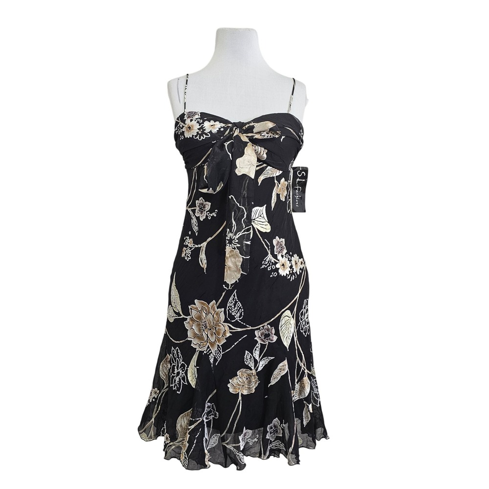 SL Fashions Black Floral Burnout Chiffon Dress Size 12 Y2K‎ Party Midi Deadstock